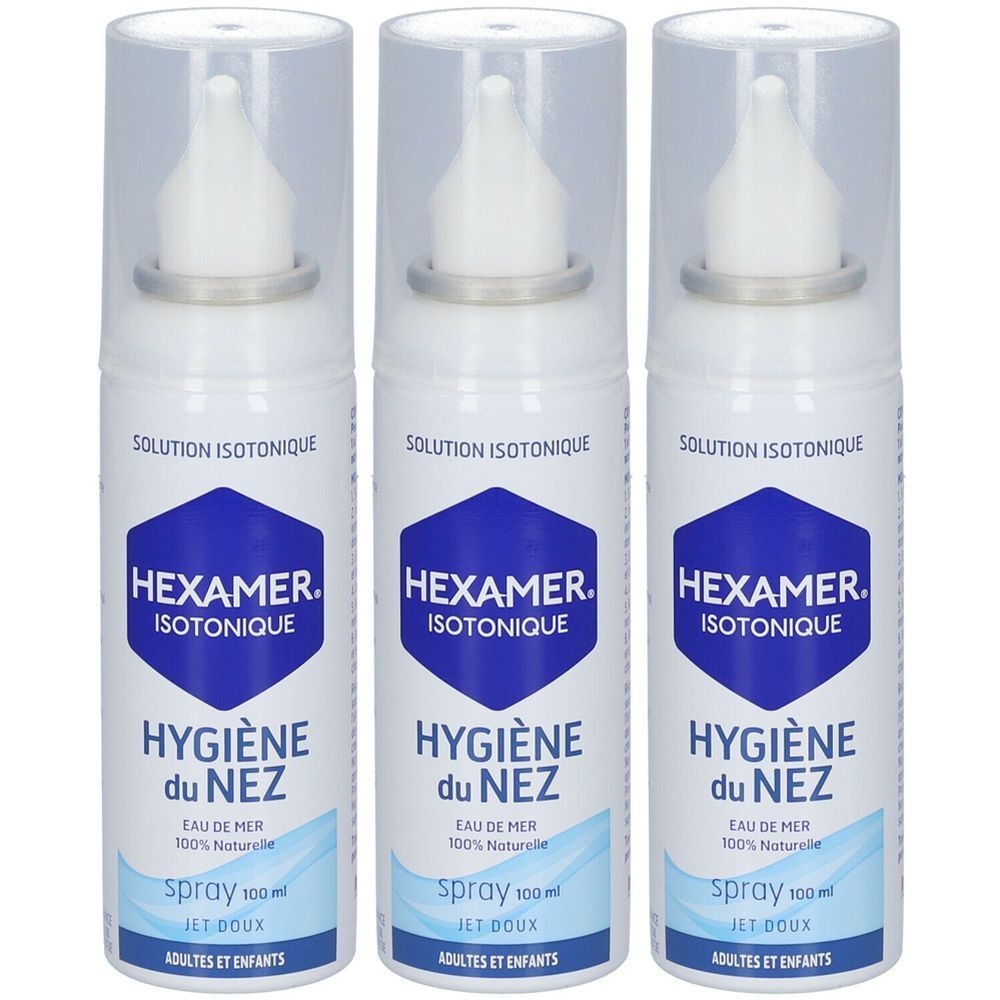 Trois flacons de spray blancs avec des étiquettes bleues. On peut lire "HEXAMER ISOTONIQUE", "HYGIÈNE du NEZ" et d'autres informations.