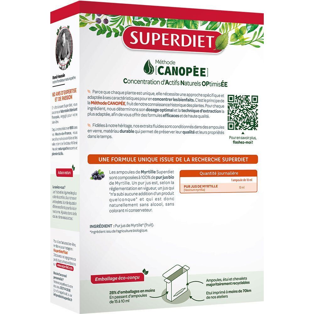 Arrière d'une boîte SUPERDIET Myrtille Bio Ampoule avec informations sur les ingrédients et l'utilisation.