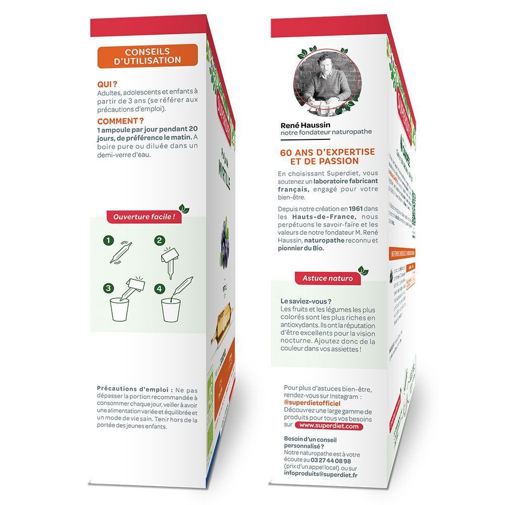 Vue latérale d'une boîte SUPERDIET Myrtille Bio Ampoule avec conseils d'utilisation et portrait de René Haussin.