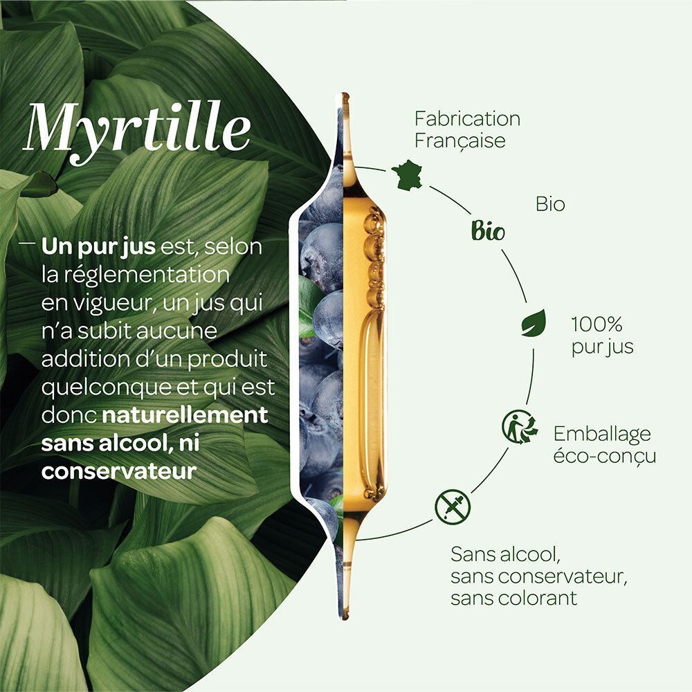 SUPERDIET Myrtille Bio Ampoule : représentation de myrtilles, d'une ampoule et certifications Bio.