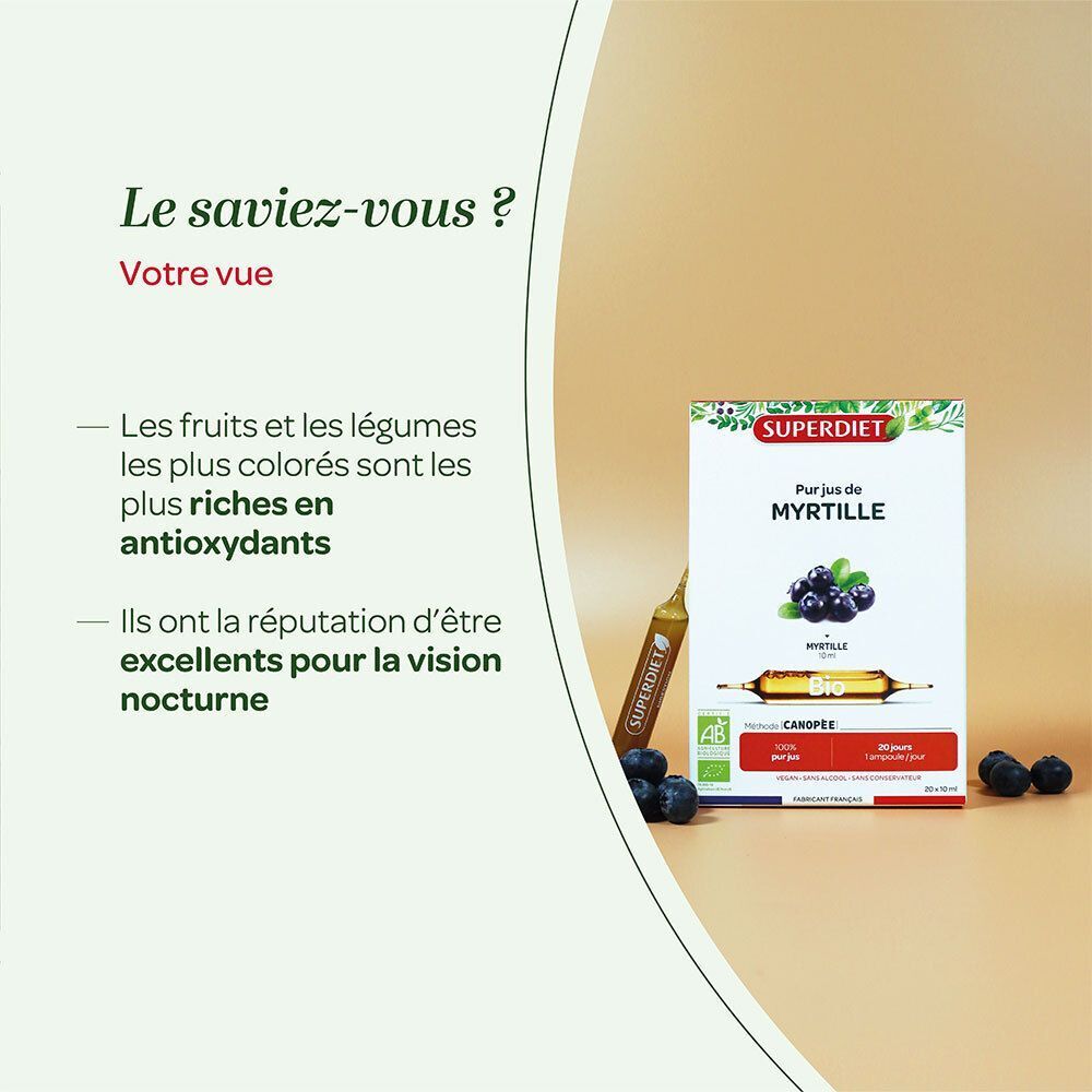 SUPERDIET Myrtille Bio Ampoule avec myrtilles et informations sur la vue, à côté d'une boîte.