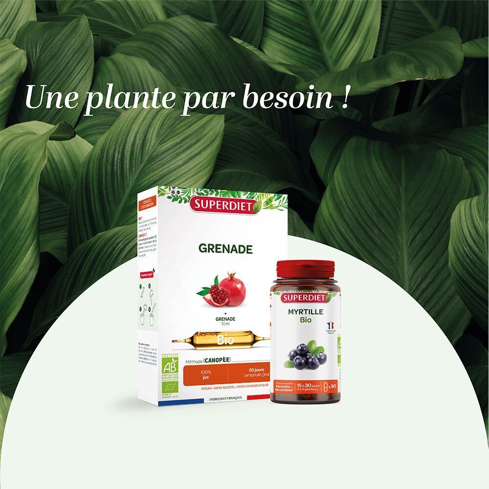 SUPERDIET Myrtille Bio Ampoule et boîte Grenade à côté d'un flacon de myrtilles.