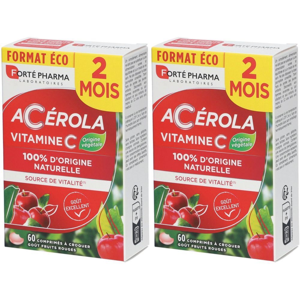 Deux boîtes de Forté Pharma Acérola. Inscription : 2 mois, vitamine C, origine naturelle à 100%, 60 comprimés à croquer, goût fruits rouges.