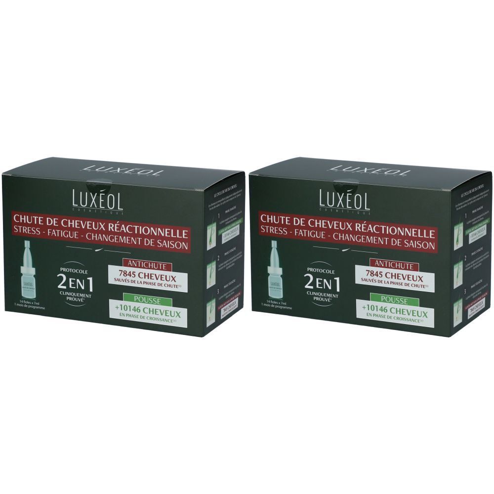 Deux boîtes LUXÉOL. Inscription : Chute de Cheveux Réactionnelle, 2 en 1. Contient des ampoules. Emballage vert et noir.