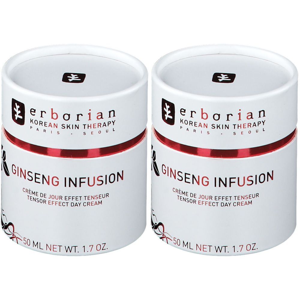 Deux contenants cylindriques blancs avec liseré rouge. Inscription: Ginseng Infusion, 50 ml, 1.7 oz. Marque: erborian.
