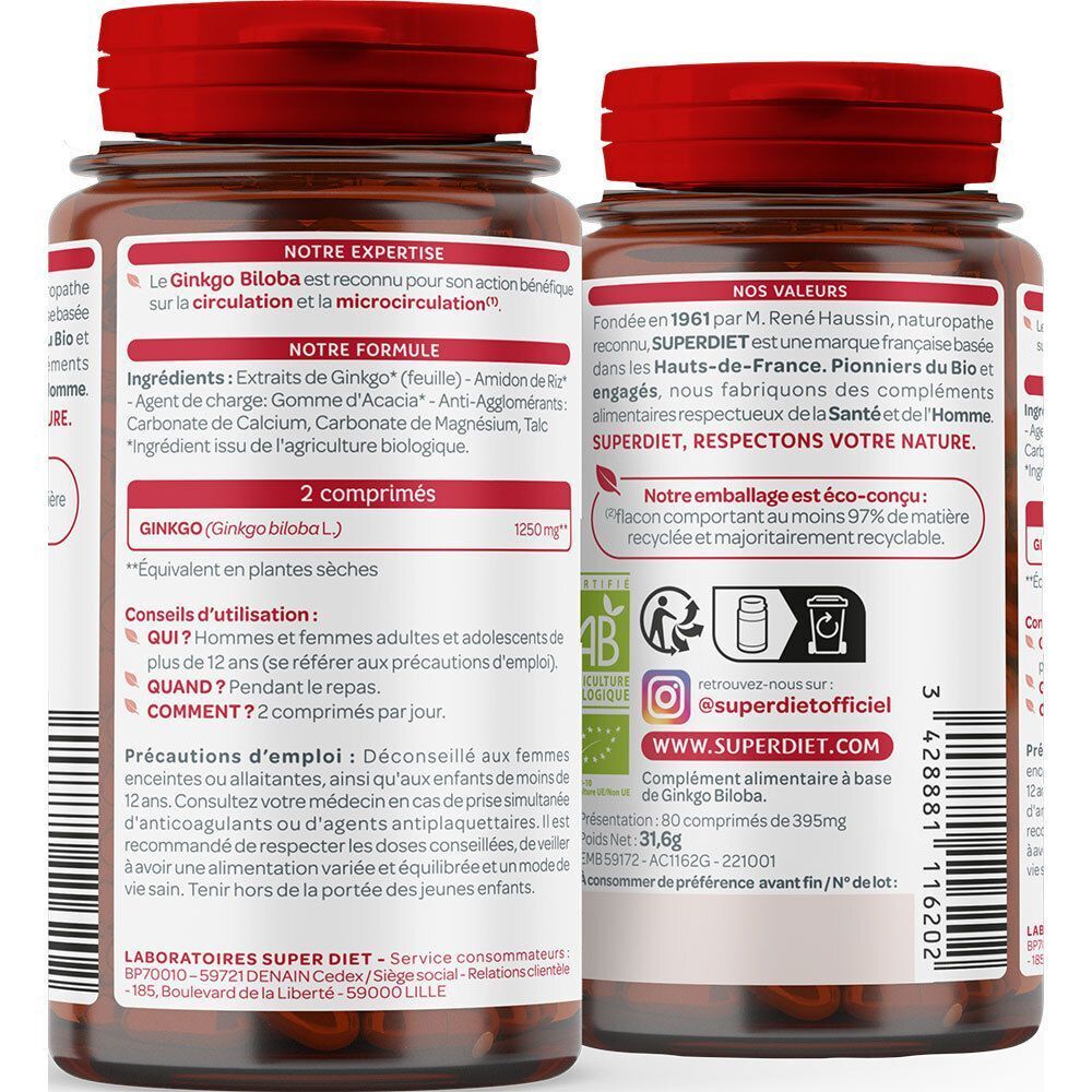 Arrière d'un flacon SUPERDIET Ginkgo Biloba Bio avec ingrédients et conseils d'utilisation.
