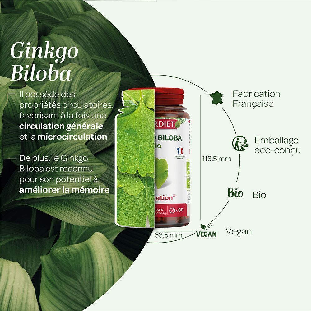 Flacon SUPERDIET Ginkgo Biloba Bio avec dimensions et label Bio.
