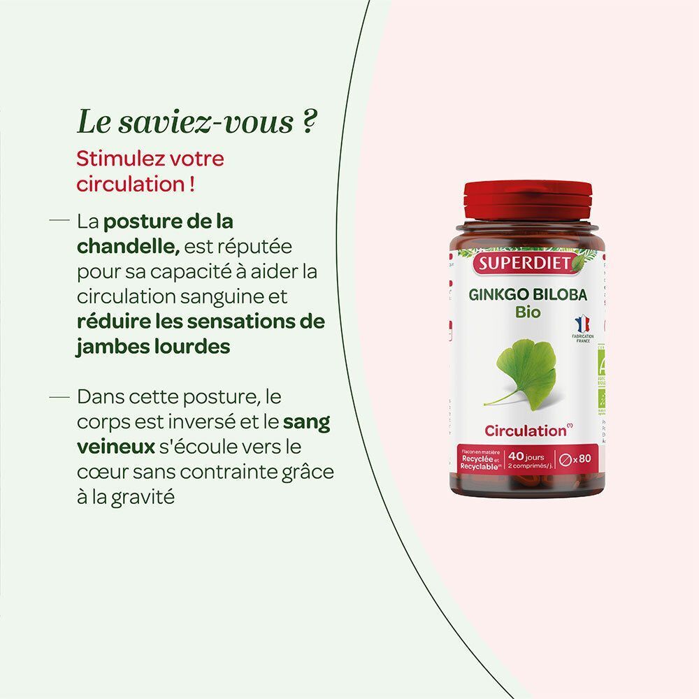 Flacon SUPERDIET Ginkgo Biloba Bio à côté d'un texte sur la stimulation de la circulation.