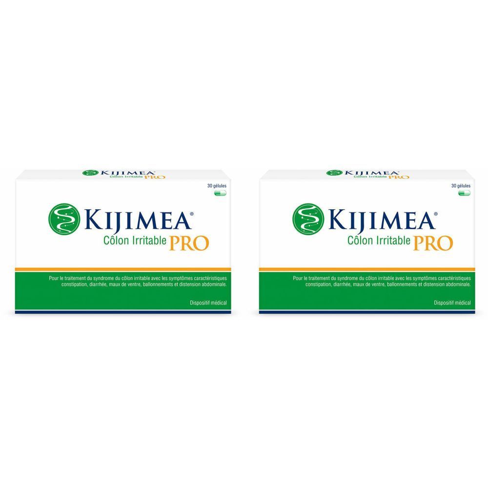 Deux boîtes blanches KIJIMEA Côlon Irritable PRO. Logo vert et texte. 30 gélules.