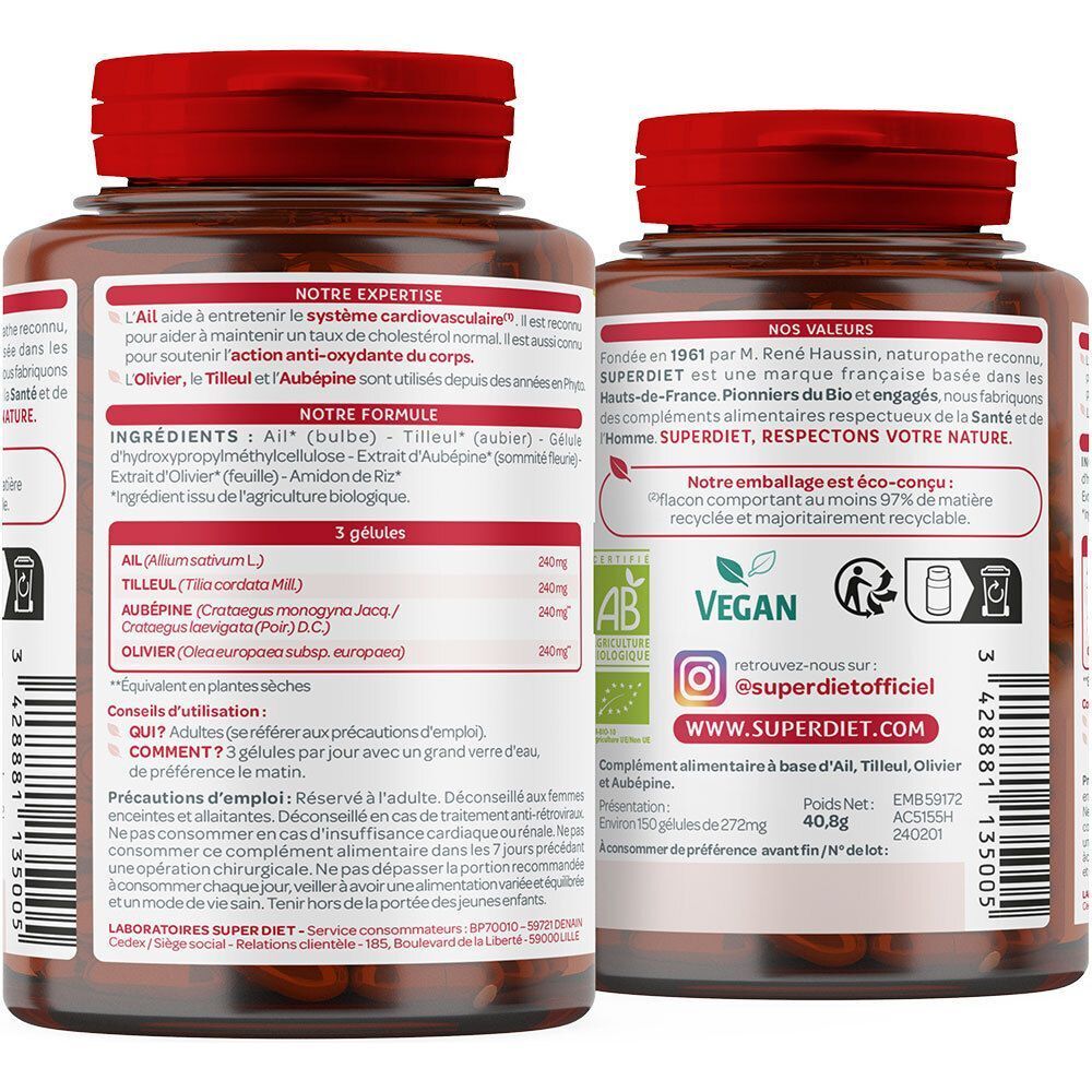 Arrière d'un pot SUPERDIET Quatuor Ail Bio Cardiovasculaire Gélule avec ingrédients et conseils d'utilisation.