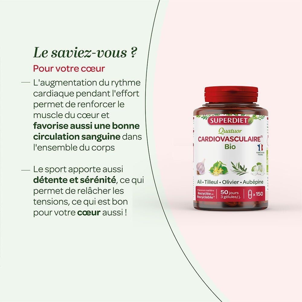 SUPERDIET Quatuor Cardiovasculaire Bio : Informations sur la santé cardiaque et les bienfaits du sport.