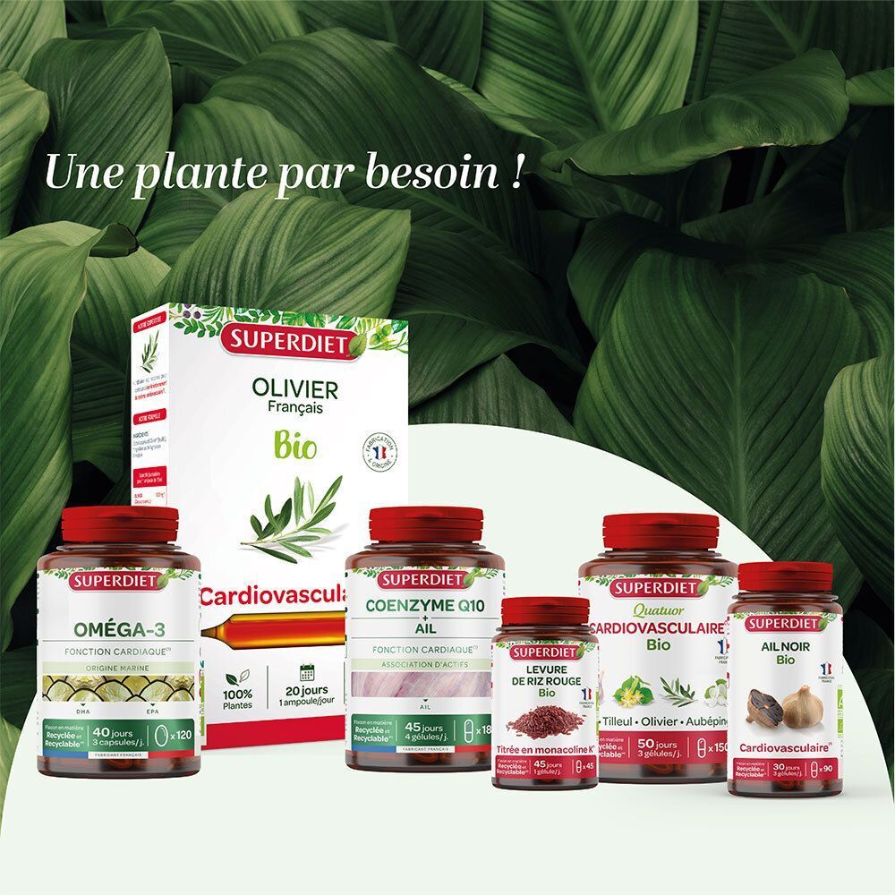 Gamme SUPERDIET pour la santé cardiovasculaire, incluant Ail, Oméga-3 et Coenzyme Q10.