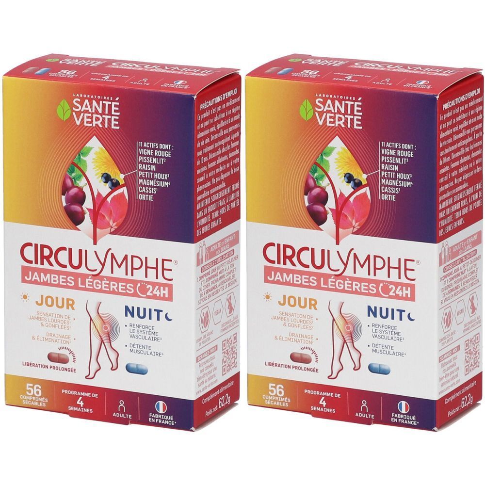 Deux boîtes de SANTE VERTE Circulymphe. Inscription : Circulymphe Jambes Légères 24H, jour et nuit. 56 comprimés, 4 semaines.