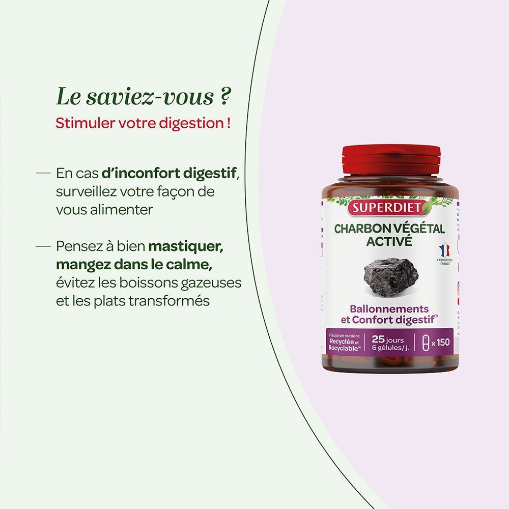 Flacon de Superdiet Charbon Végétal Activé pour ballonnements et confort digestif. Contient 150 gélules.