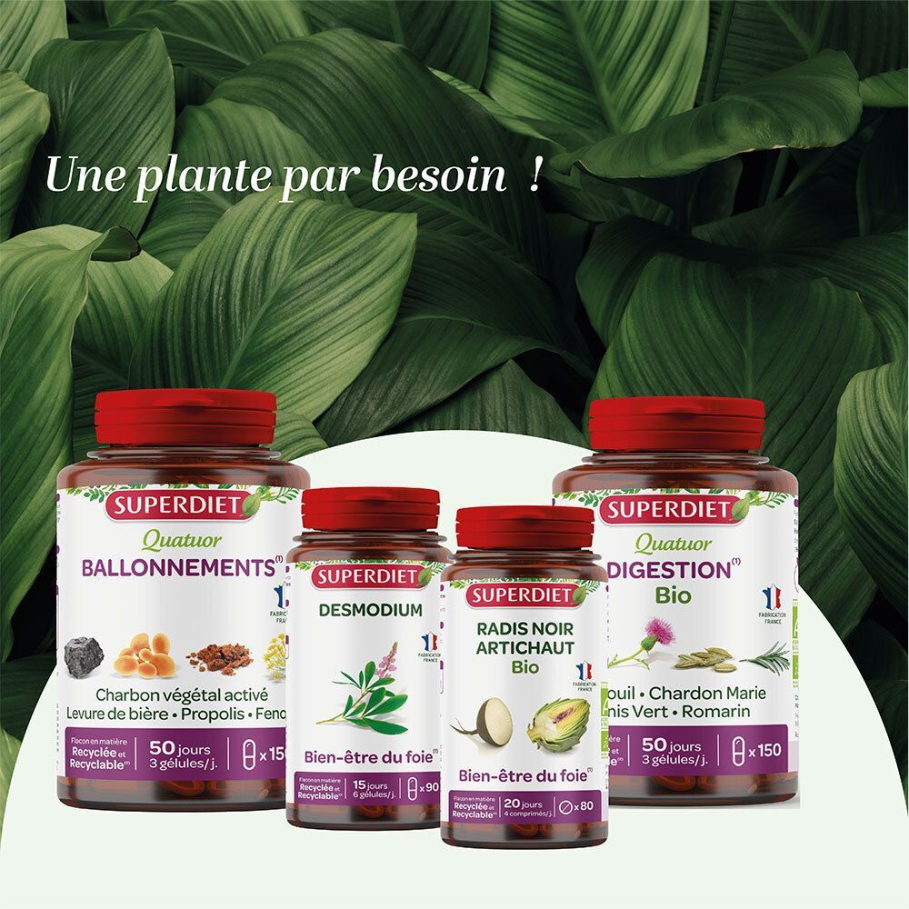 Bouteilles SUPARDIET: Ballonnements, Desmodium, Radis Noir Artichaut, Quatuor Digestion.