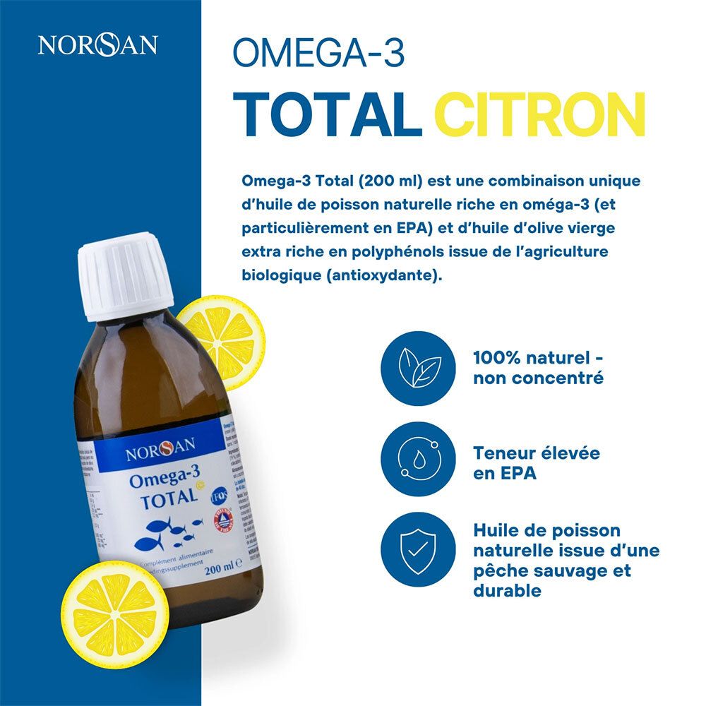 Flacon NORSAN Omega-3 TOTAL avec tranches de citron. Flacon brun avec bouchon blanc. Texte : 100% naturel, non concentré.
