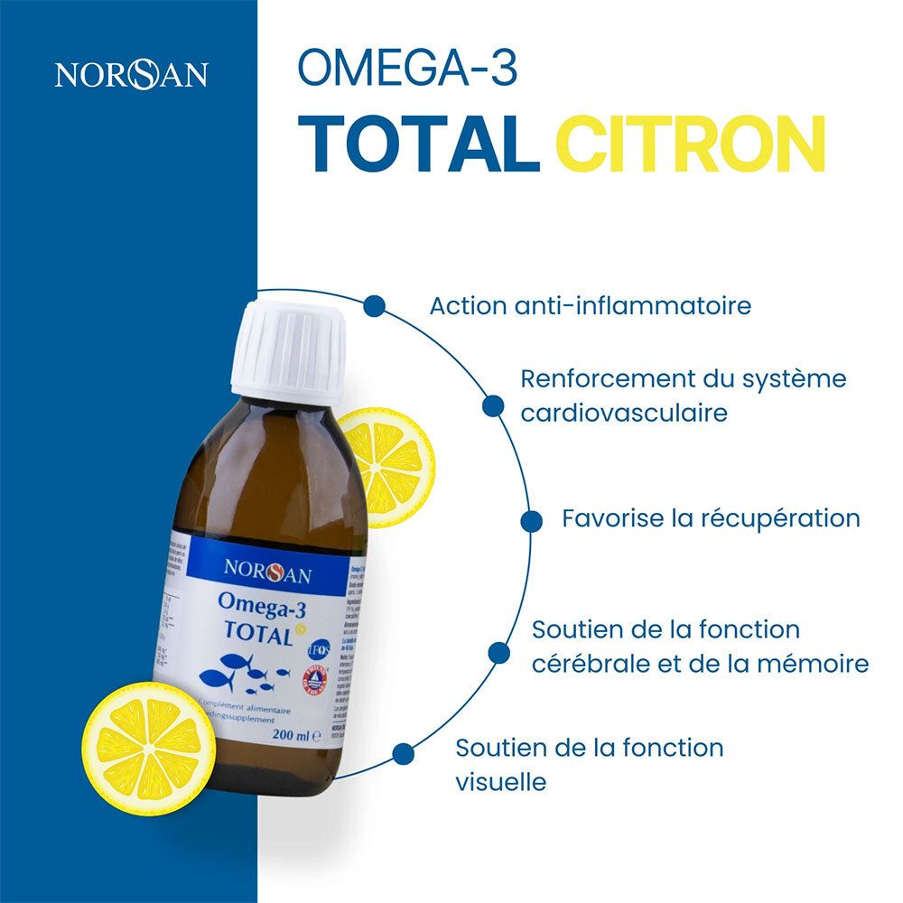 Flacon NORSAN Omega-3 TOTAL avec tranches de citron. Flacon brun avec bouchon blanc. Informations sur l'action anti-inflammatoire.