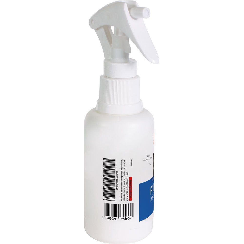 Arrière d'un flacon pulvérisateur blanc avec étiquette et code-barres pour spray Fipronil.