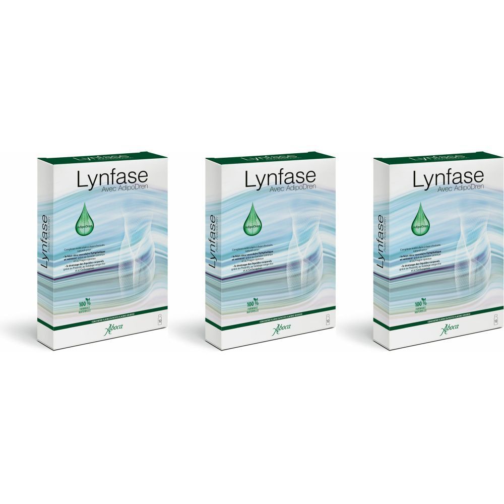Trois boîtes blanches avec le nom Lynfase et un symbole de goutte verte. Texte en vert et bleu.