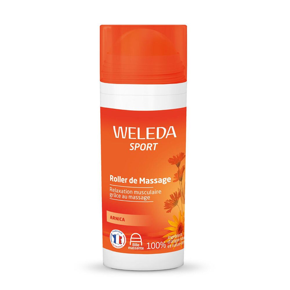 Flacon Weleda Sport Roller à l'Arnica. Bouteille blanche et orange avec applicateur roll-on. Texte et illustrations.