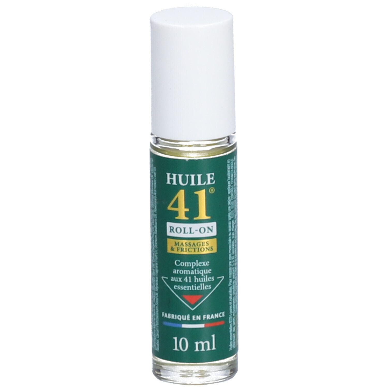 Flacon roll-on avec bouchon blanc. Inscription: Huile 41, Roll-on, Massages & Frictions. Étiquette verte avec texte. 10 ml.