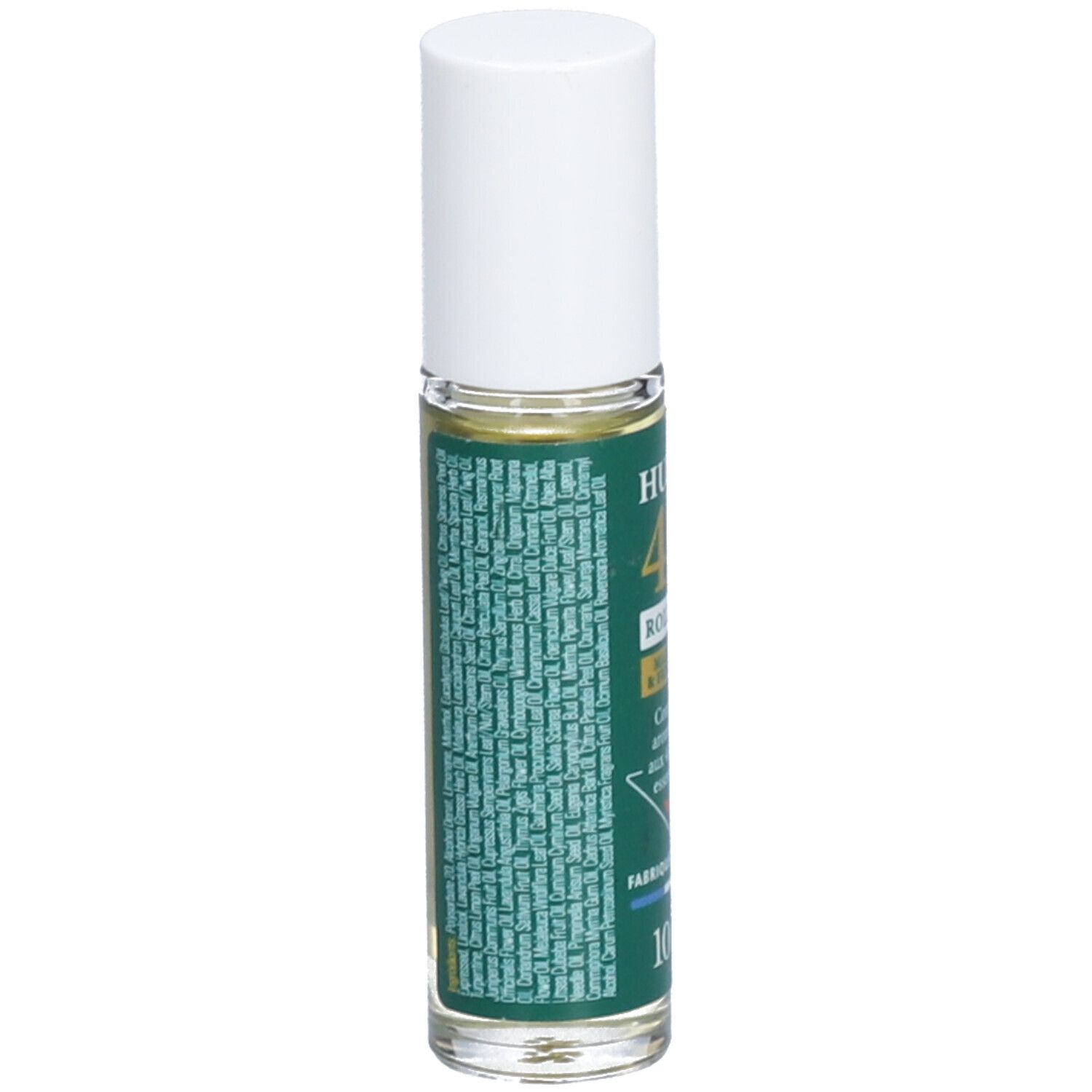 Flacon roll-on avec bouchon blanc. Étiquette verte avec texte. Dos avec texte. 10 ml.