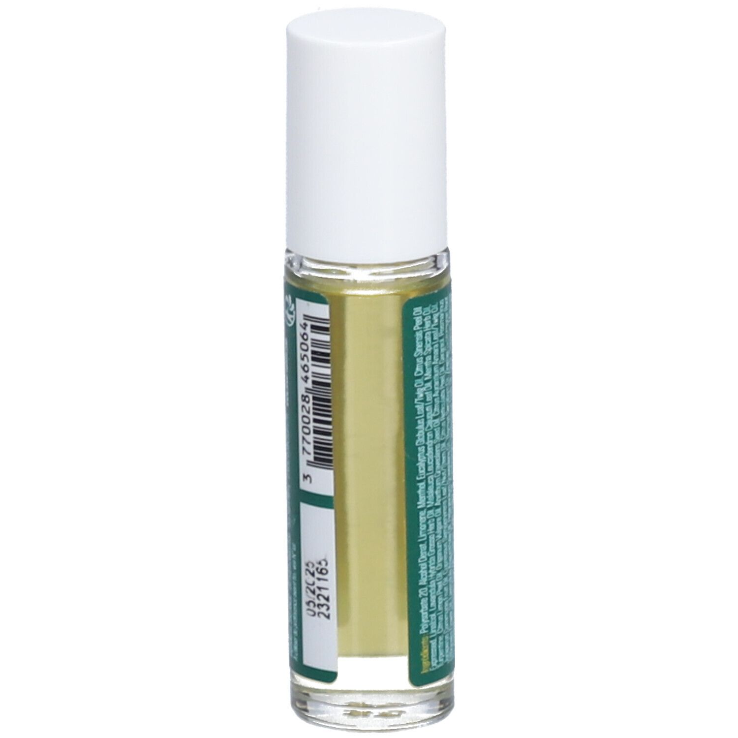 Flacon roll-on avec bouchon blanc. Étiquette verte avec texte. Dos avec texte. 10 ml.