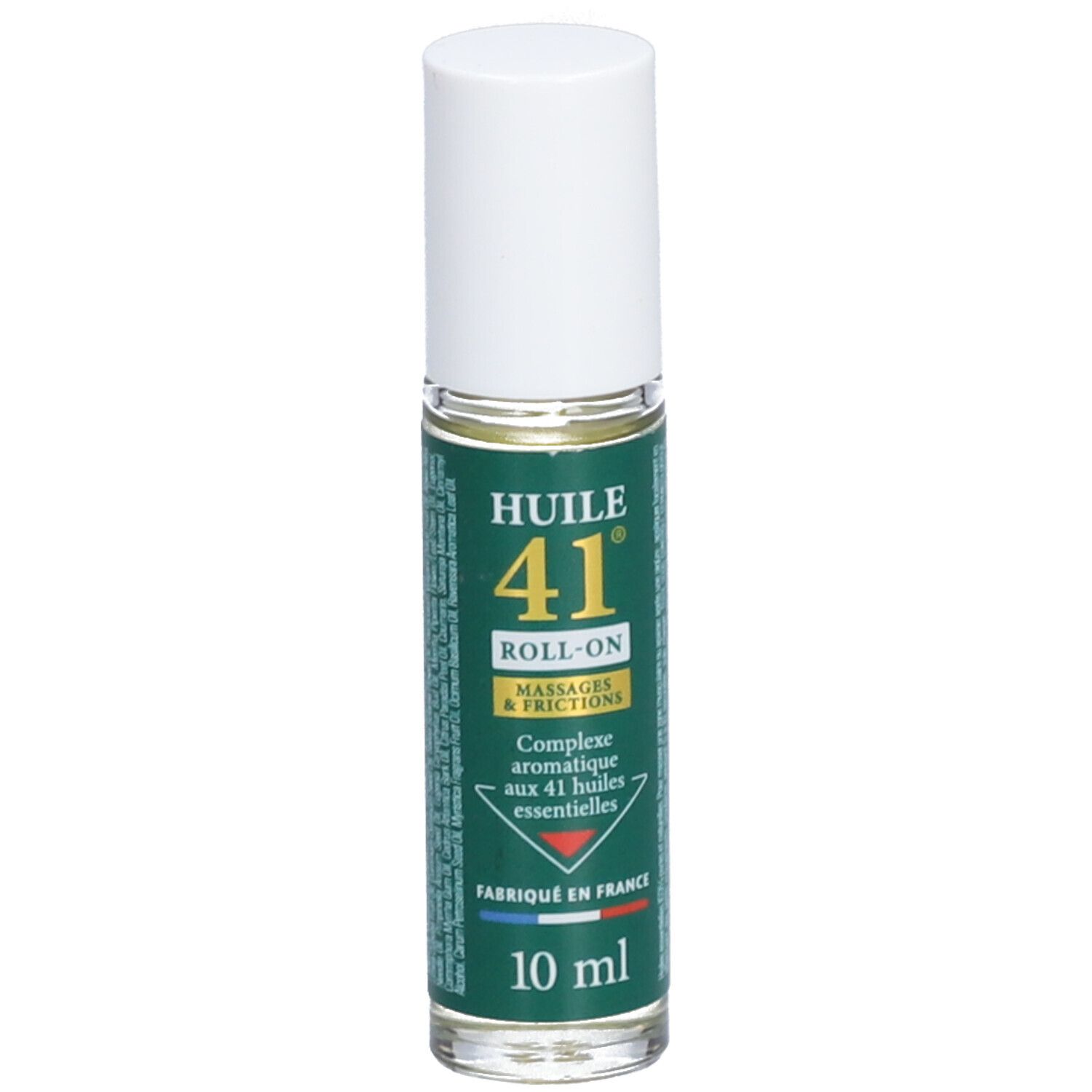 Flacon roll-on avec bouchon blanc. Inscription: Huile 41, Roll-on, Massages & Frictions. Étiquette verte avec texte. 10 ml.