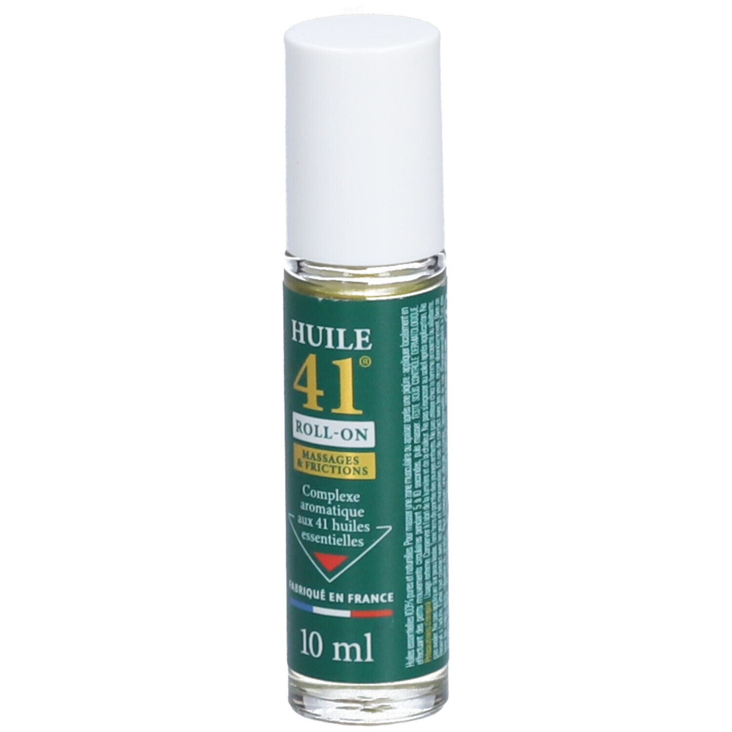 Flacon roll-on avec bouchon blanc. Inscription: Huile 41, Roll-on, Massages & Frictions. Étiquette verte avec texte. 10 ml.