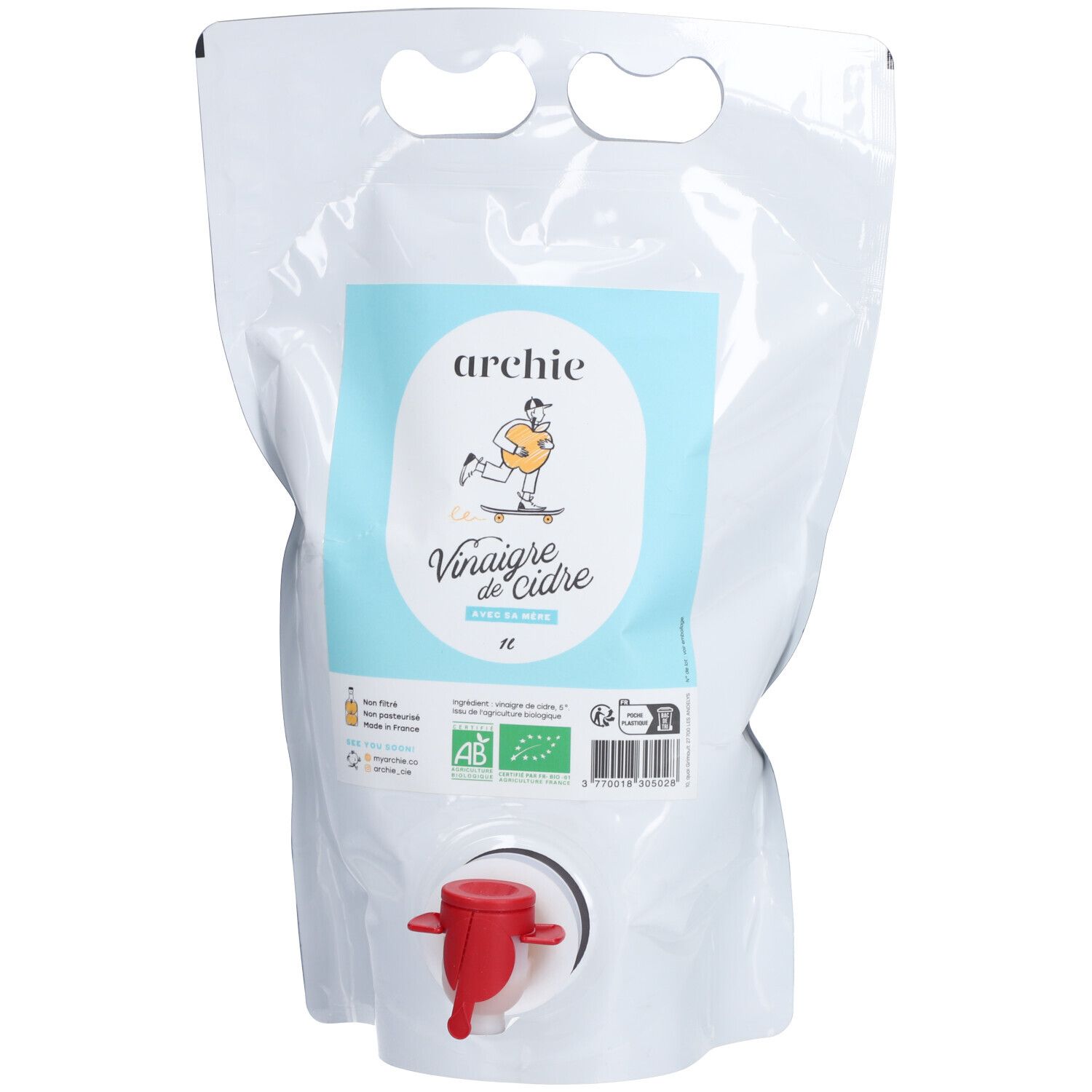 Sac blanc avec robinet rouge. Inscription "archie" et "Vinaigre de Cidre". Labels bio.
