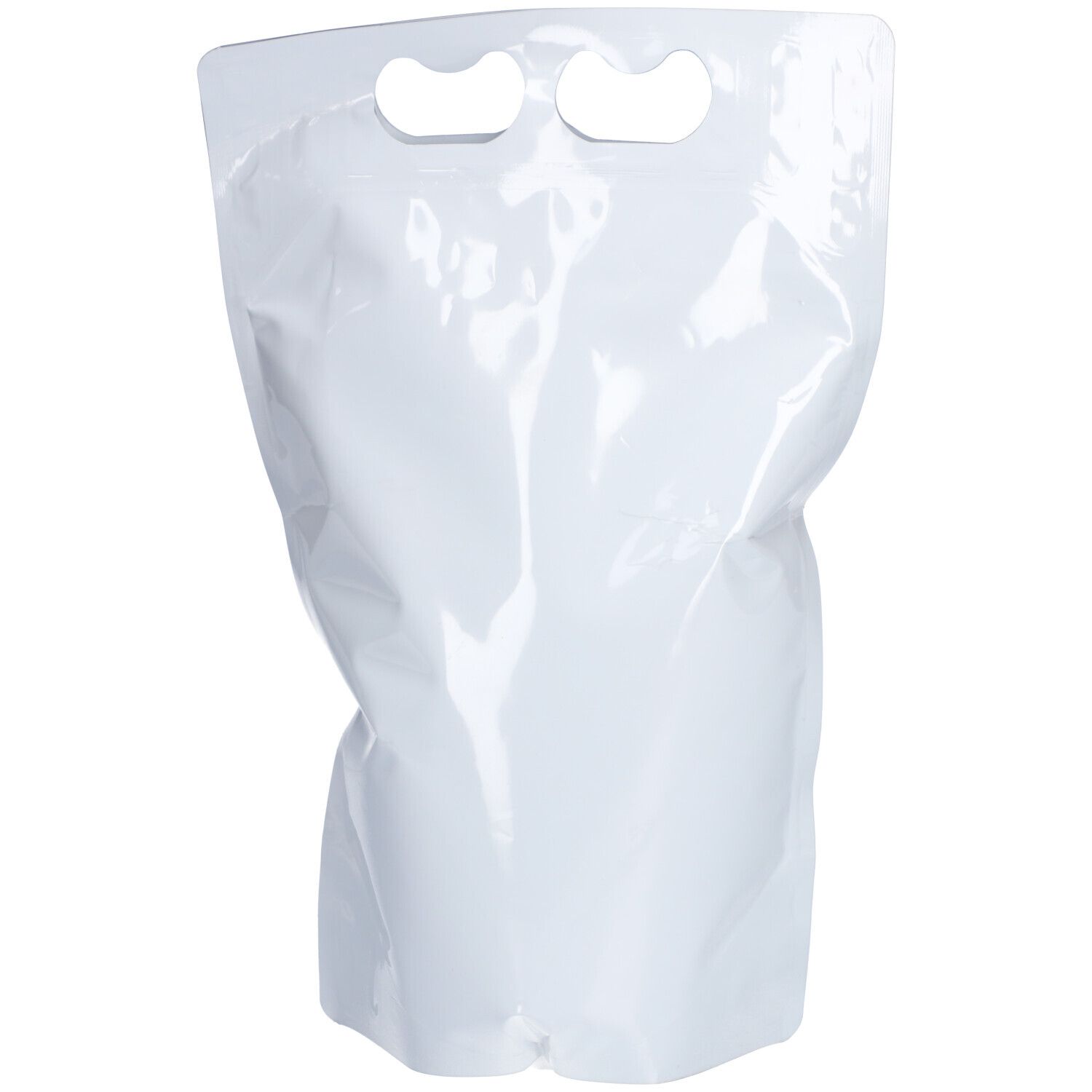 Sac blanc avec deux poignées en haut et un robinet rouge en bas.