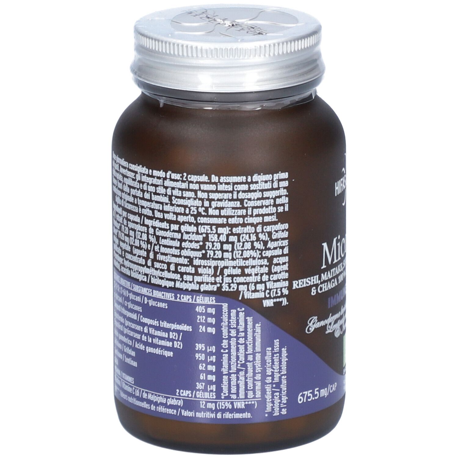 Dos du flacon brun. Texte avec ingrédients et informations nutritionnelles. Avec label bio.