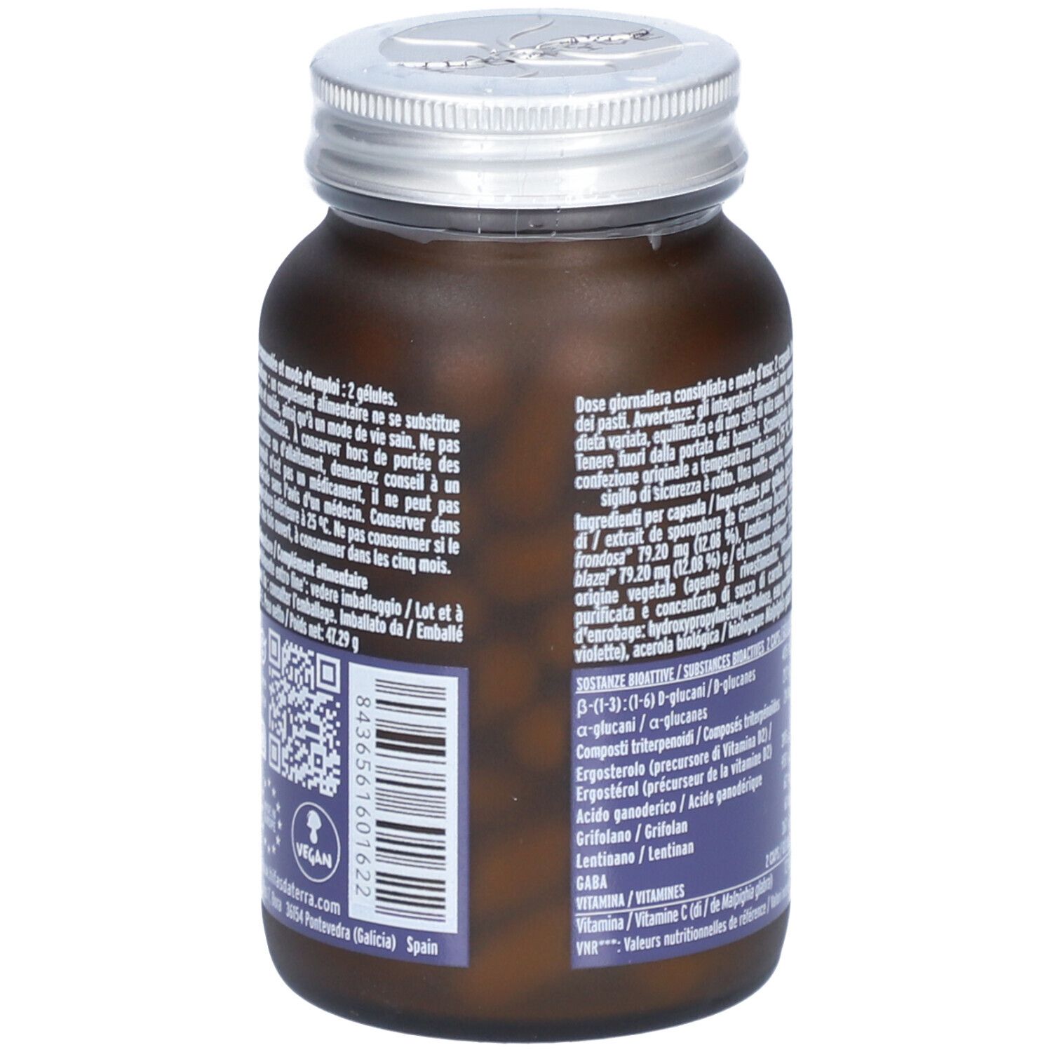 Vue arrière du flacon brun. Texte avec ingrédients et informations nutritionnelles. Avec label vegan.