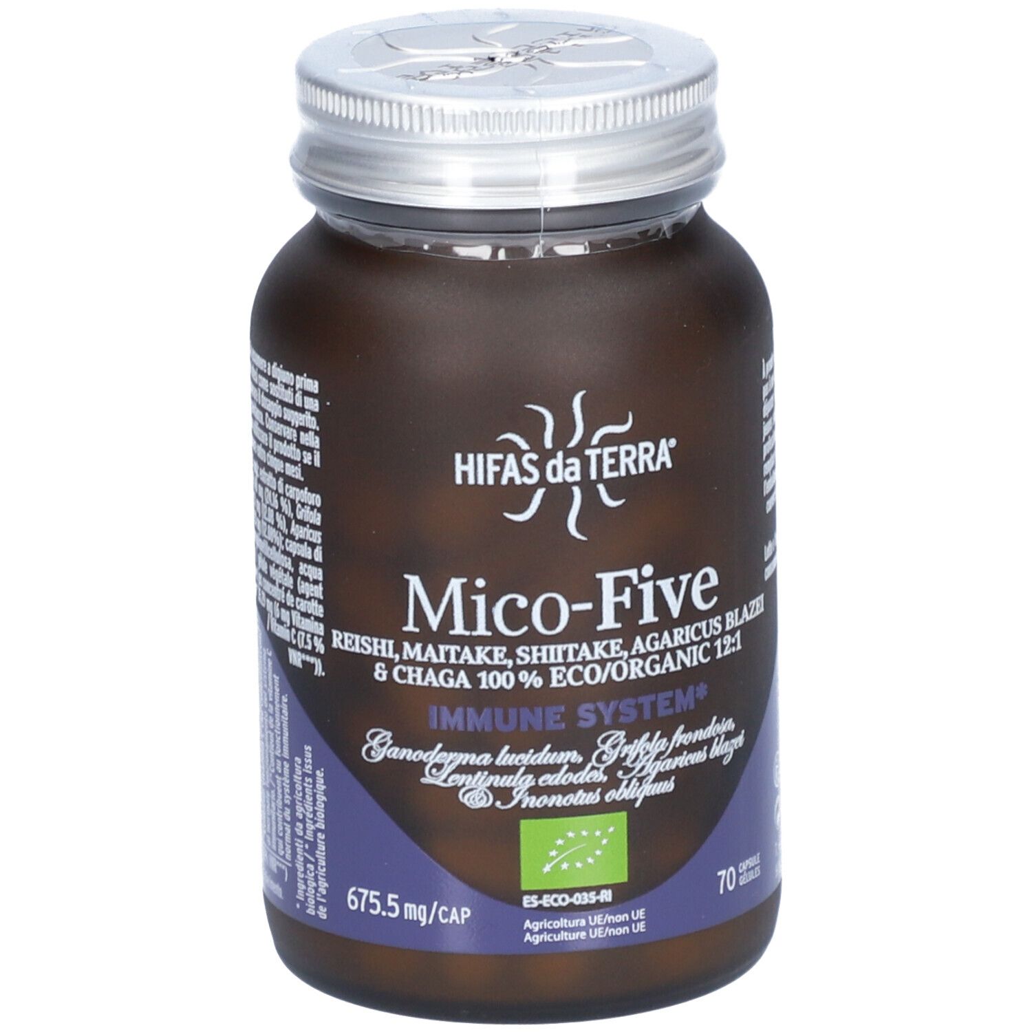 Flacon brun avec couvercle argenté. Inscription : Mico-Five, Immune System. Contient 70 gélules. Label bio.