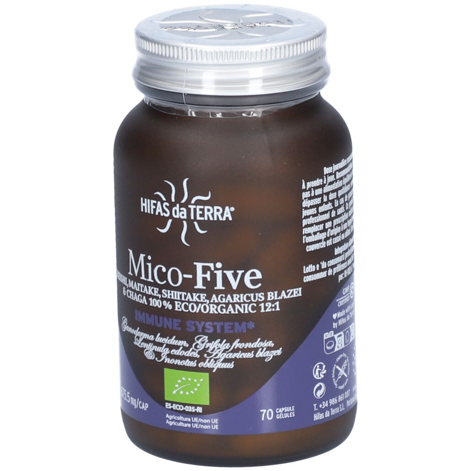 Flacon brun avec couvercle argenté. Inscription : Mico-Five, Immune System. Contient 70 gélules. Label bio.
