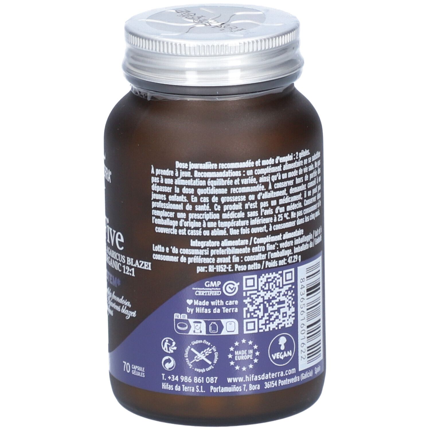 Dos du flacon brun. Texte avec ingrédients et informations nutritionnelles. Avec label vegan et certification GMP.