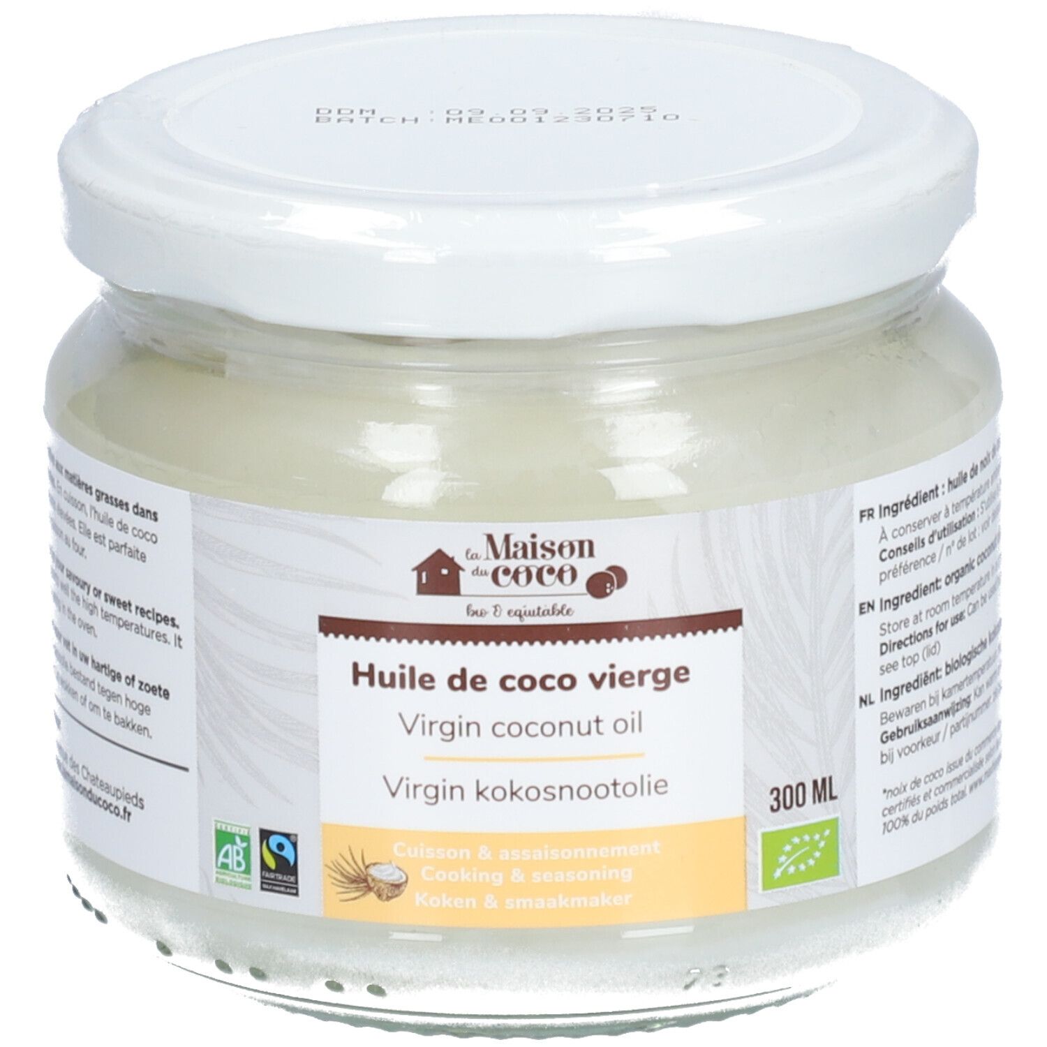 Pot en verre de Huile de Coco Vierge. Couvercle blanc, étiquette avec informations et logos. 300 ml.