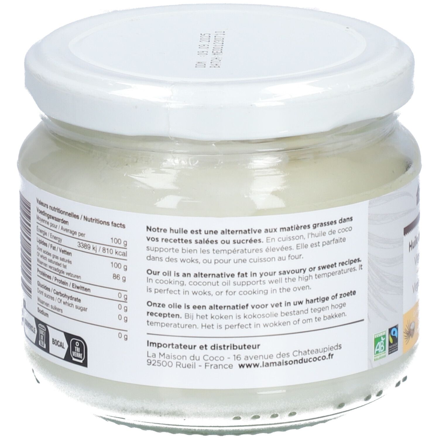 Dos du pot de Huile de Coco Vierge. Étiquette avec informations nutritionnelles et texte. Blanc sur blanc.