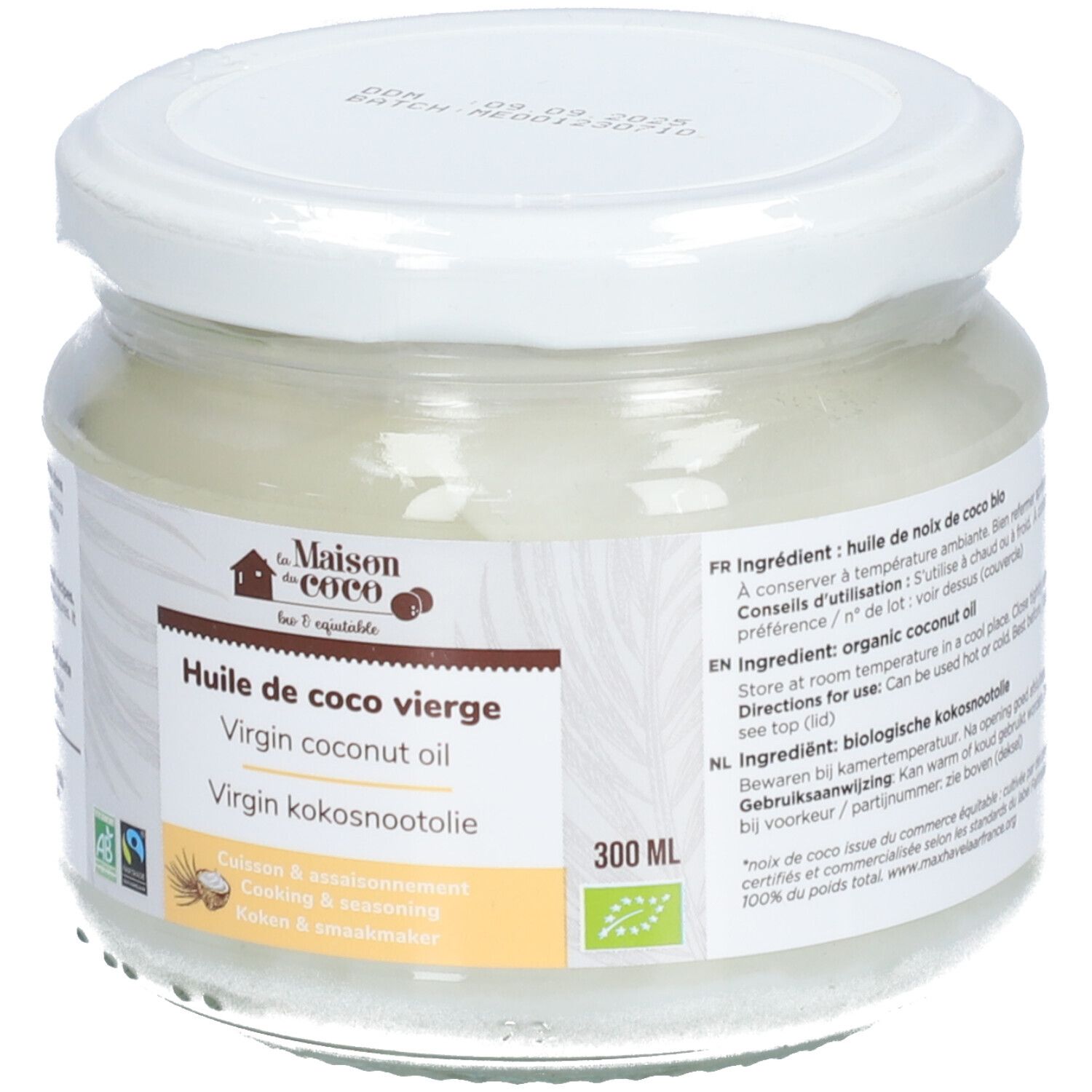 Pot en verre de Huile de Coco Vierge. Couvercle blanc, étiquette avec informations et logos. 300 ml.