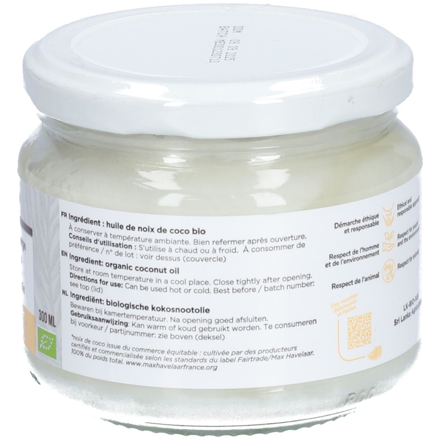 Dos du pot de Huile de Coco Vierge. Étiquette avec texte, logos et informations nutritionnelles. 300 ml.