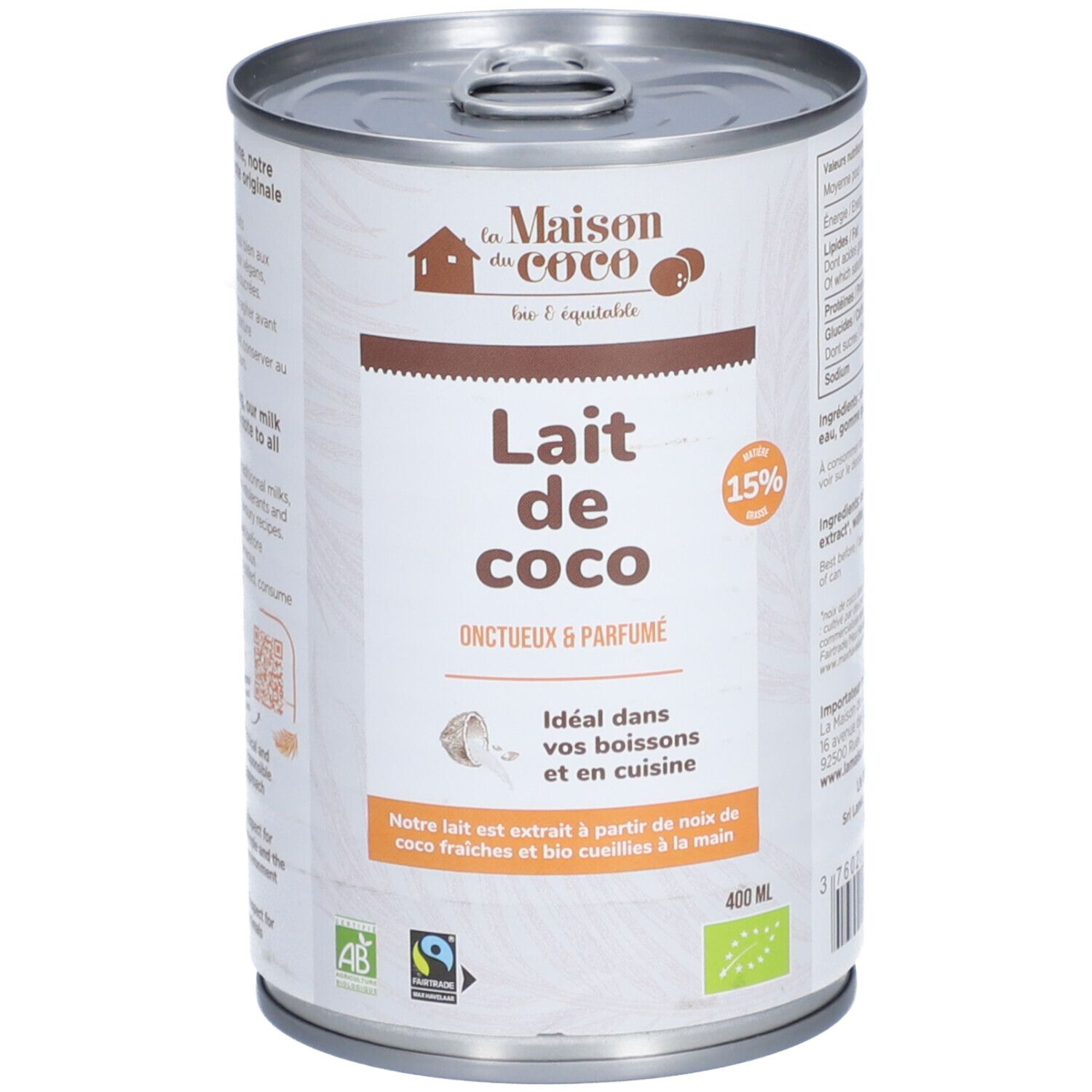 Boîte de Lait de Coco 15%. Inscription: Onctueux & Parfumé. Labels AB et Fairtrade. Contenance 400 ml.