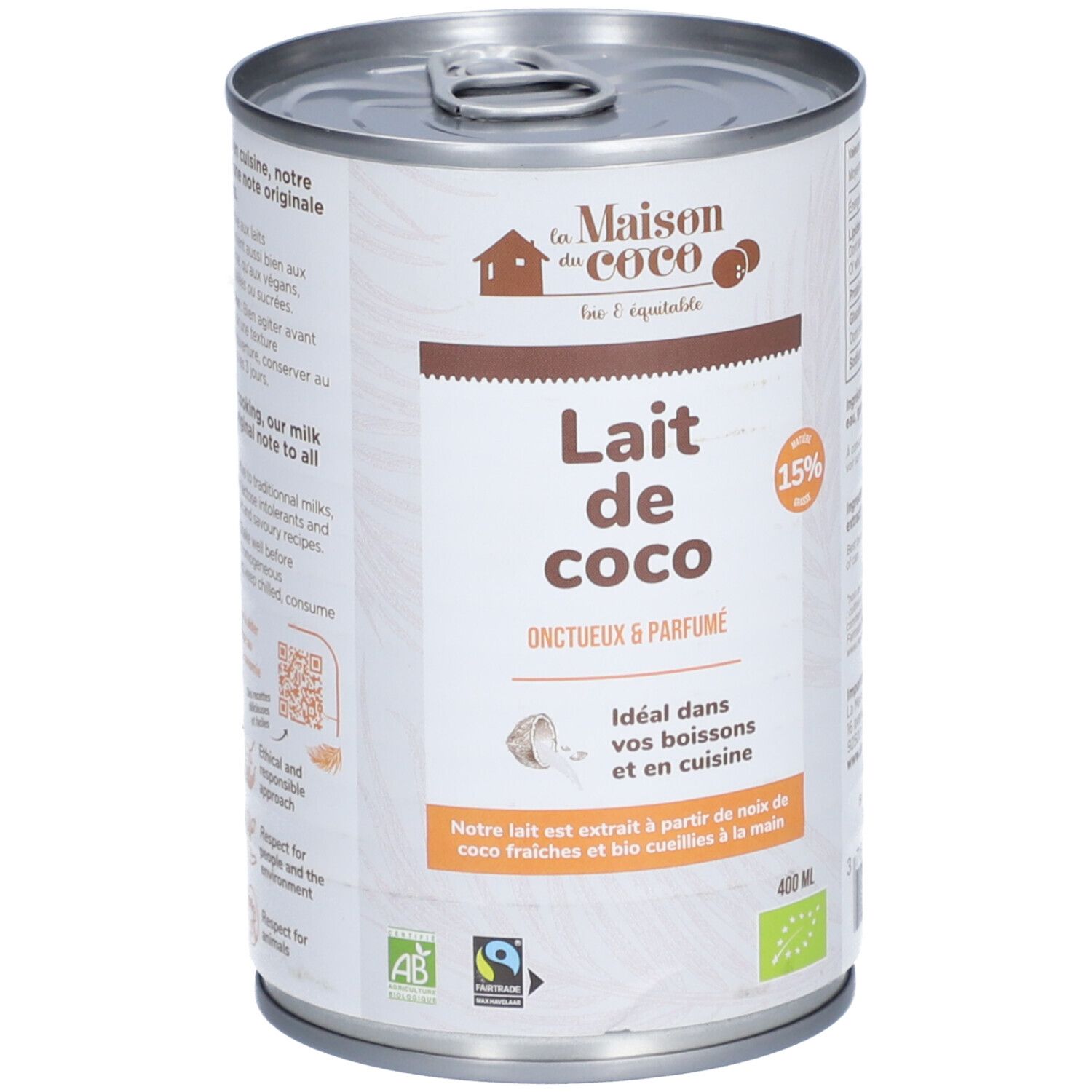 Boîte de Lait de Coco 15%. Inscription: Onctueux & Parfumé. Labels AB et Fairtrade. Contenance 400 ml.