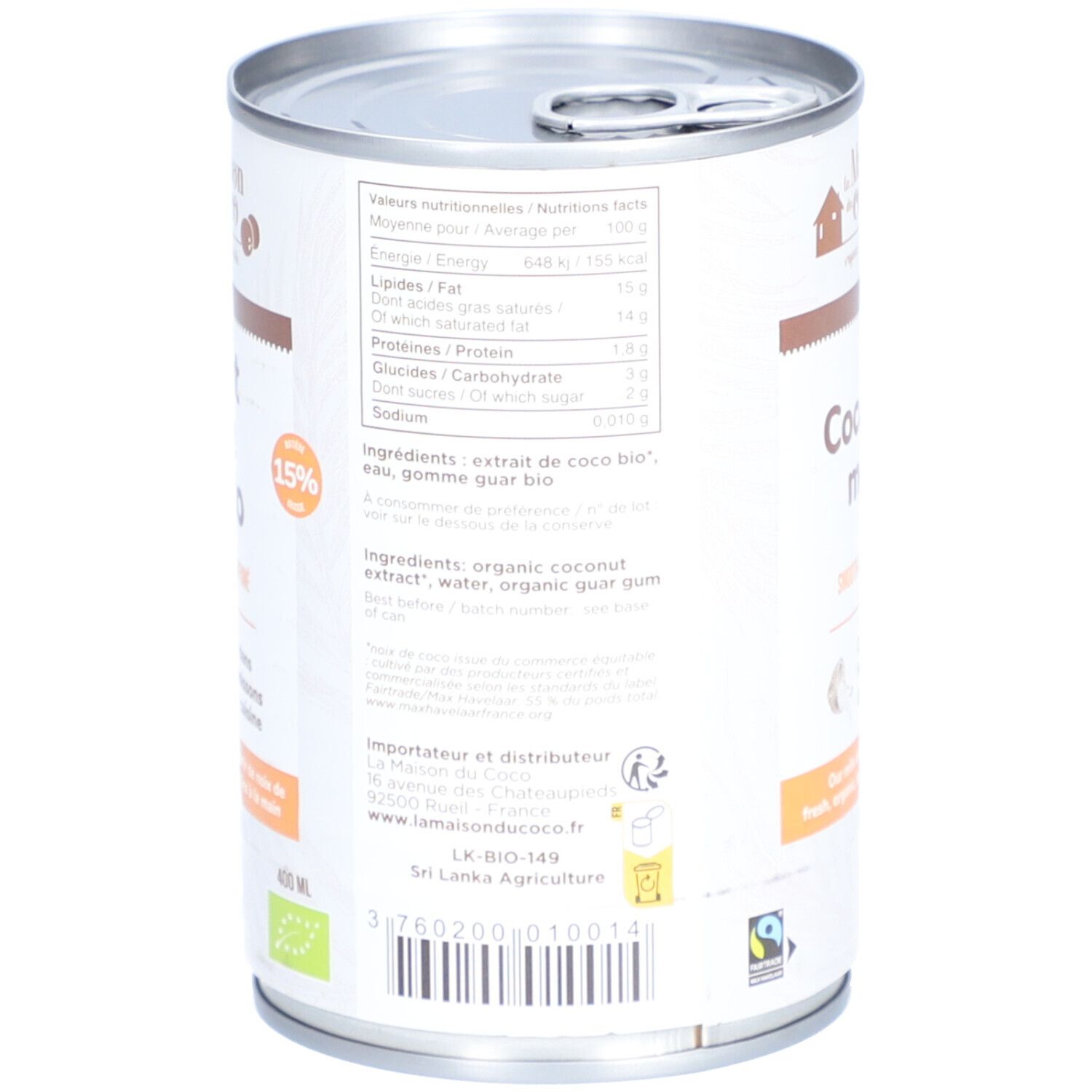 Dos de la boîte Lait de Coco. Informations nutritionnelles, ingrédients, fabricant. Labels AB et Fairtrade. 400 ml.