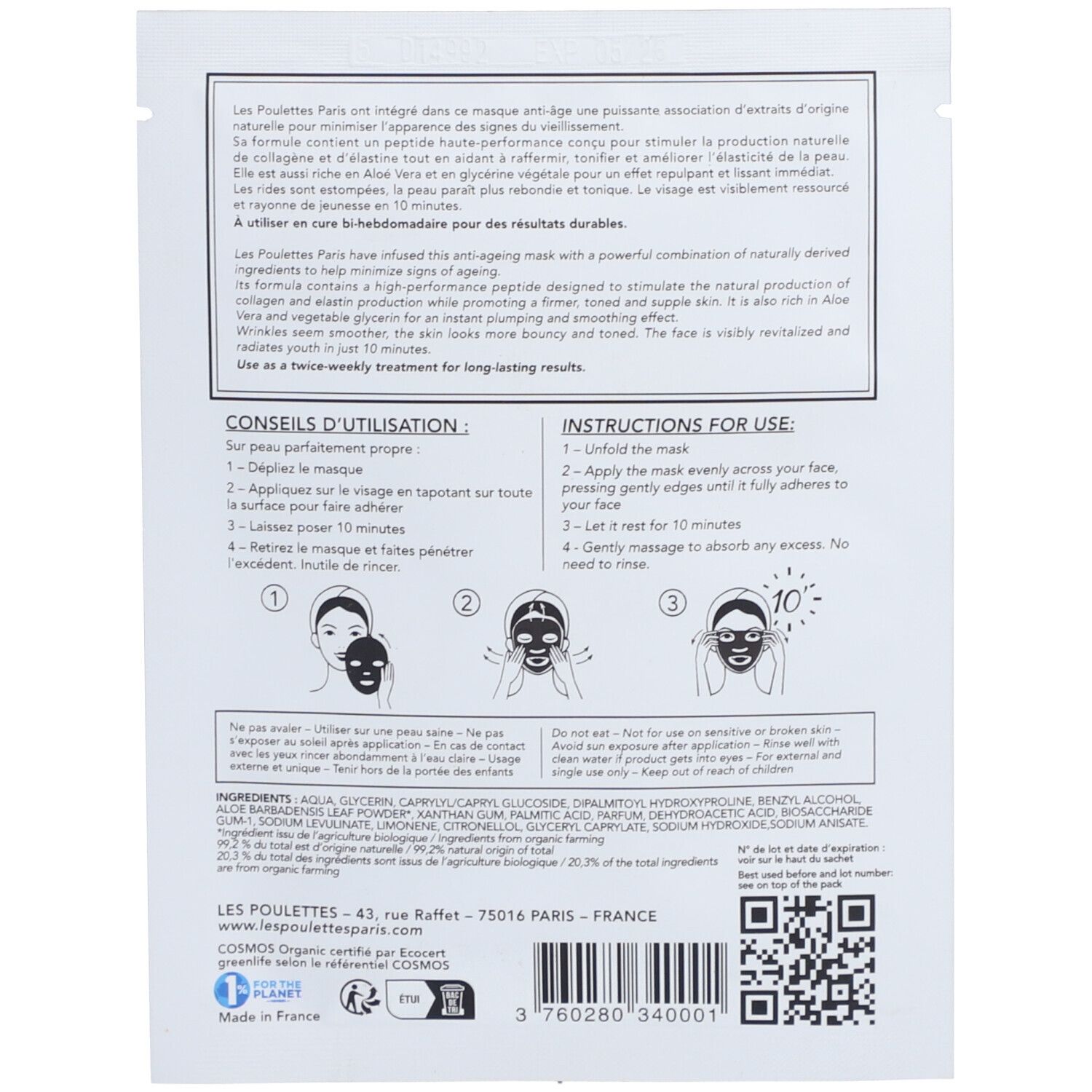 Sachet de masque facial. Film blanc avec texte et illustrations. Marque Les Poulettes Paris.