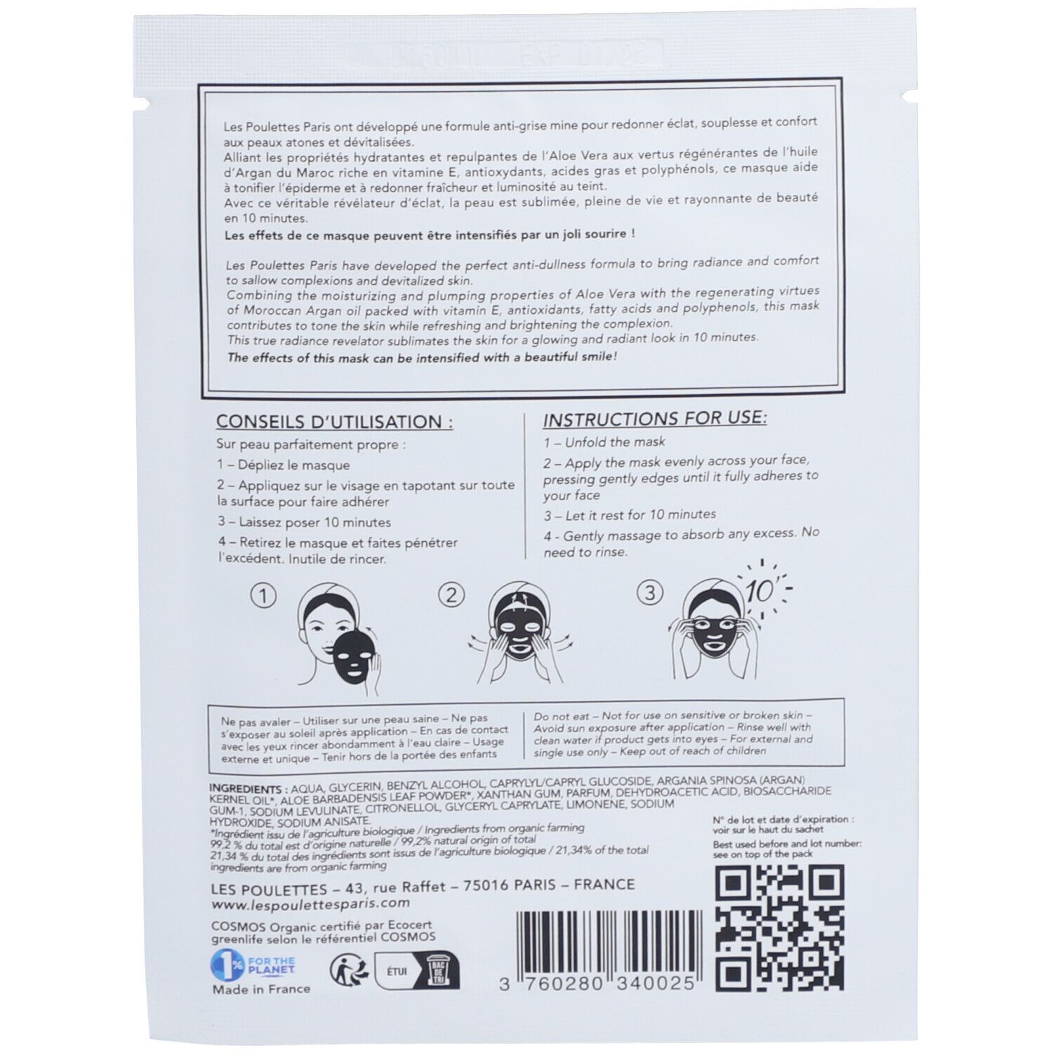 Masque facial dans un emballage blanc. Texte: Les Poulettes Paris. Instructions avec illustrations. Certification COSMOS.