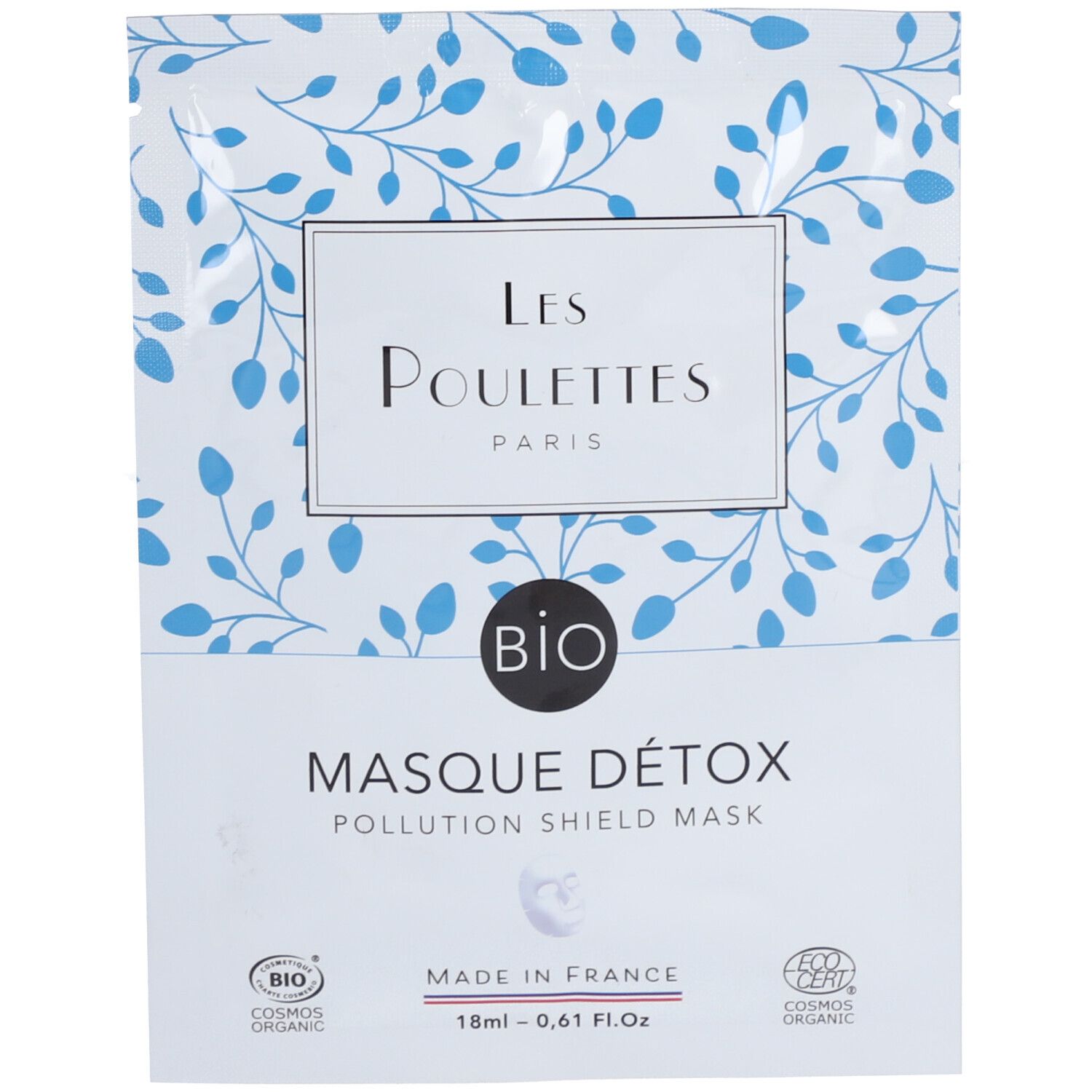 Sachet blanc avec motif floral bleu. Logo Les Poulettes Paris et nom du produit: Masque Détox. Certification Bio.