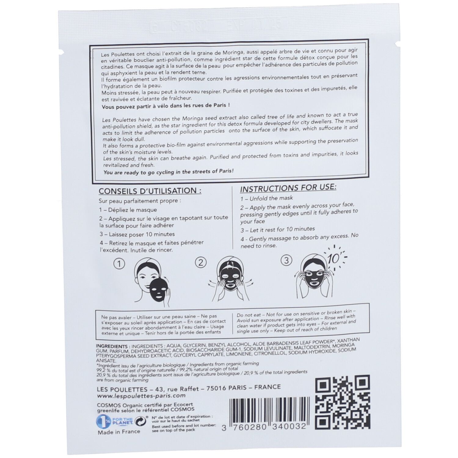 Dos du sachet de masque. Texte en français et en anglais. Instructions avec pictogrammes. Certification Bio.