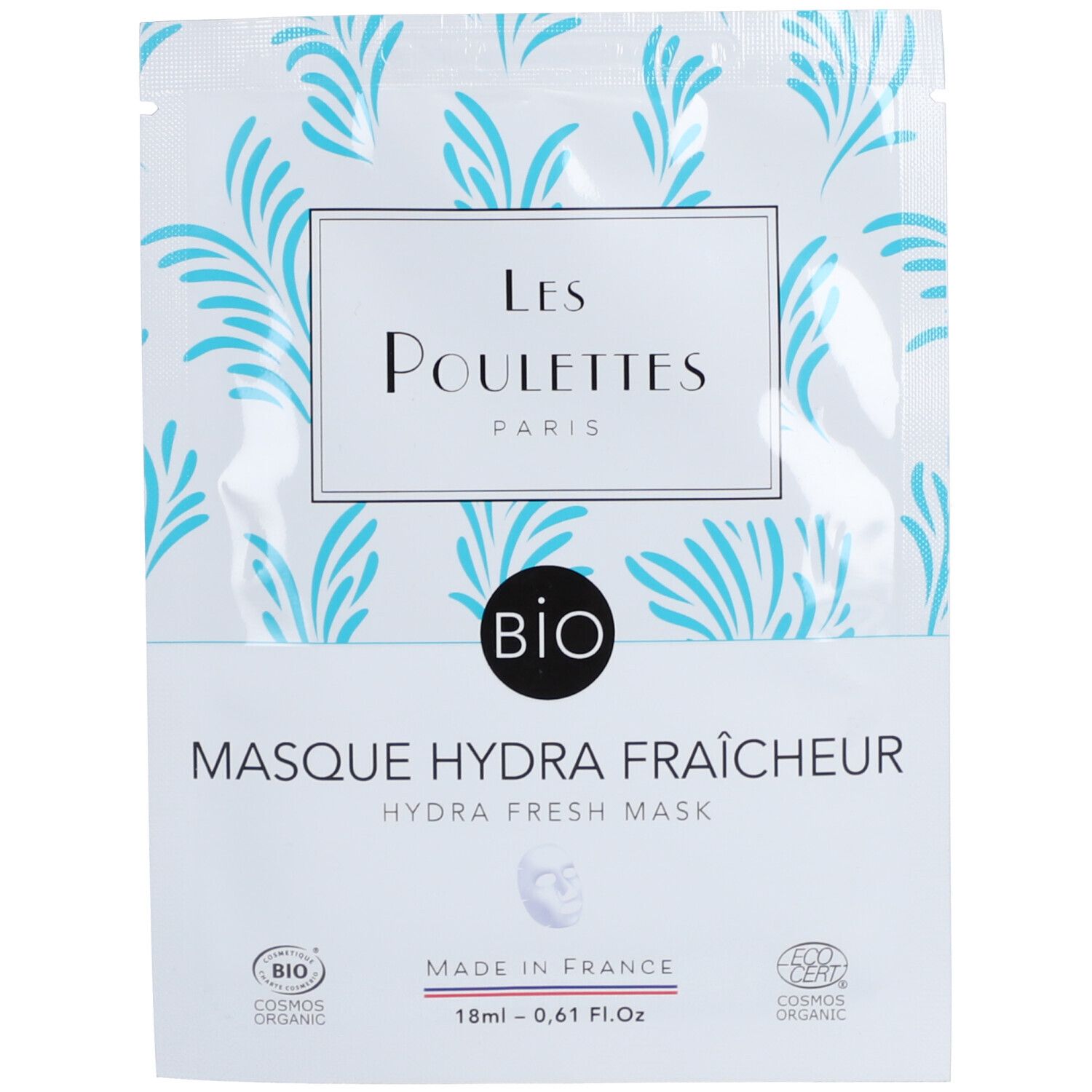 Sachet Les Poulettes Paris Masque Hydra Fraîcheur Bio. Blanc, motif bleu et informations produit.