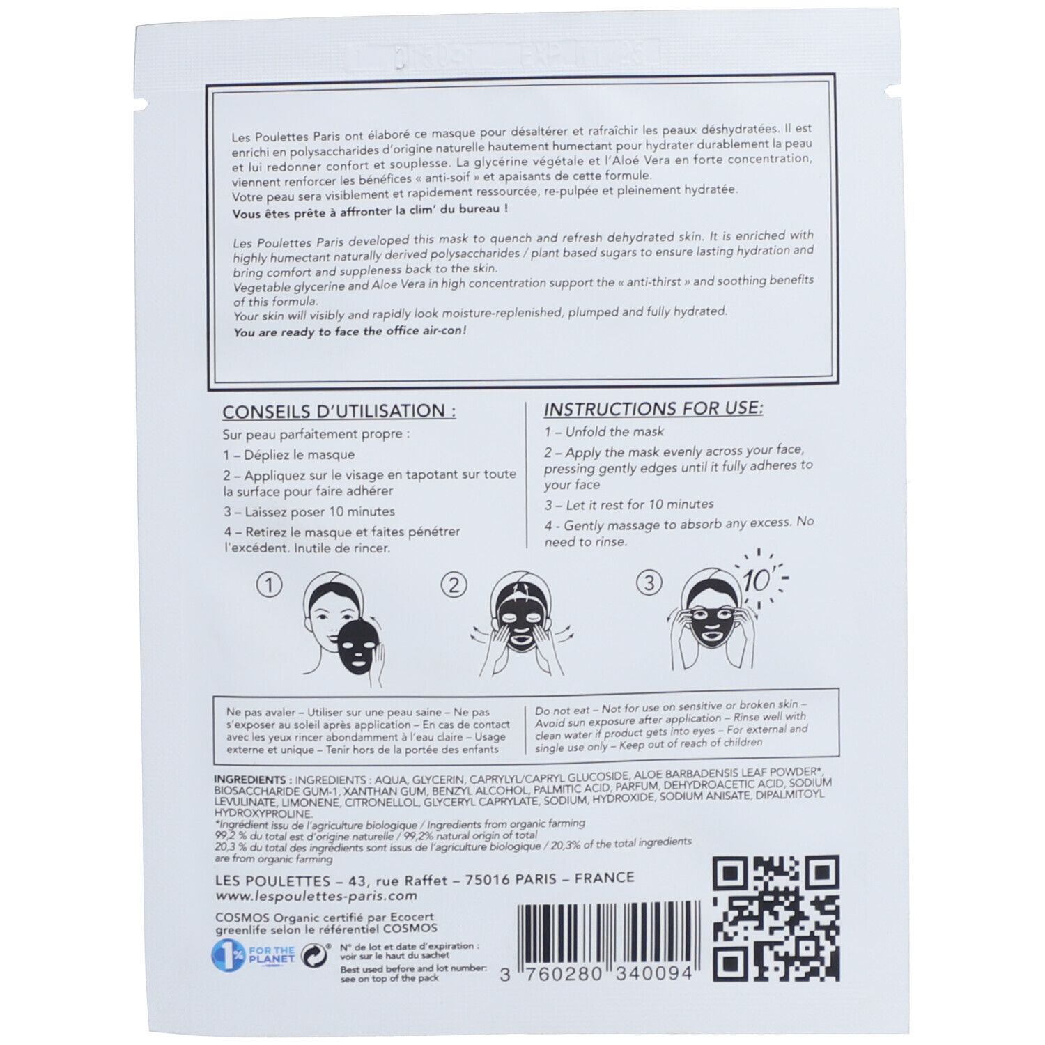Dos du sachet Les Poulettes Paris Masque Hydra Fraîcheur Bio avec instructions et ingrédients.