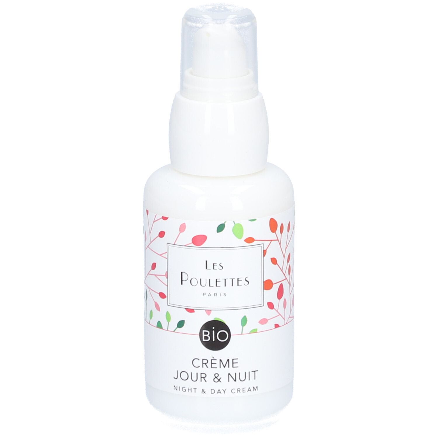 Flacon blanc avec pompe. Inscription: Les Poulettes Paris, Crème Jour & Nuit, certification Bio. Motif floral.